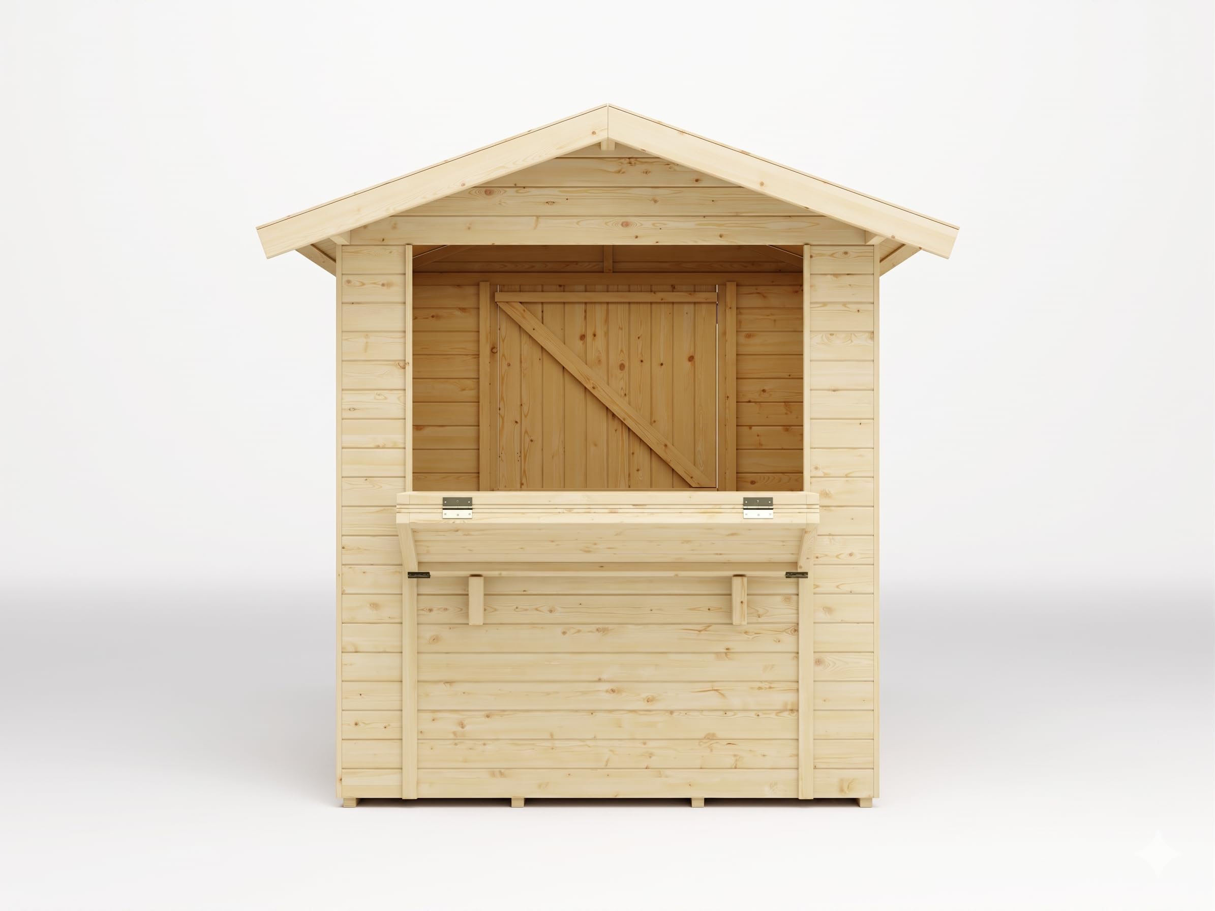 Marktstand | Verkaufsstand Holz | naturbelassen | 3 m² | Verkaufstheke | Verkaufsfenster 126x80 cm | Wandstärke 13,5 mm | Dach 15 mm | Fichte | Weihnachtsmarkt | Wochenmarkt | Festival