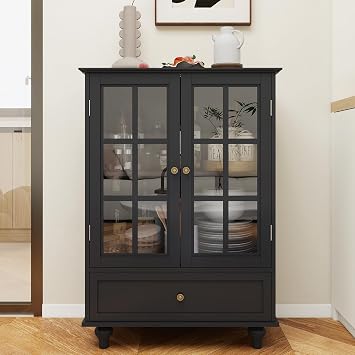 Black Storage Cabinet with Glass Door & Adjustable Shelf,Kitchen Floor Cabinet with Drawer for Living Room