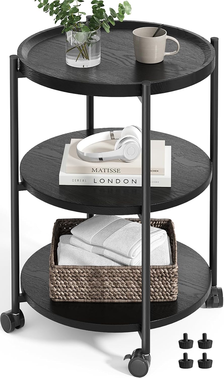 Side Table, 3-Tier Modern End Table with Wheels, Small Round Nightstand Bedside Table for Living Room, Bedroom, or Small Spaces-Black