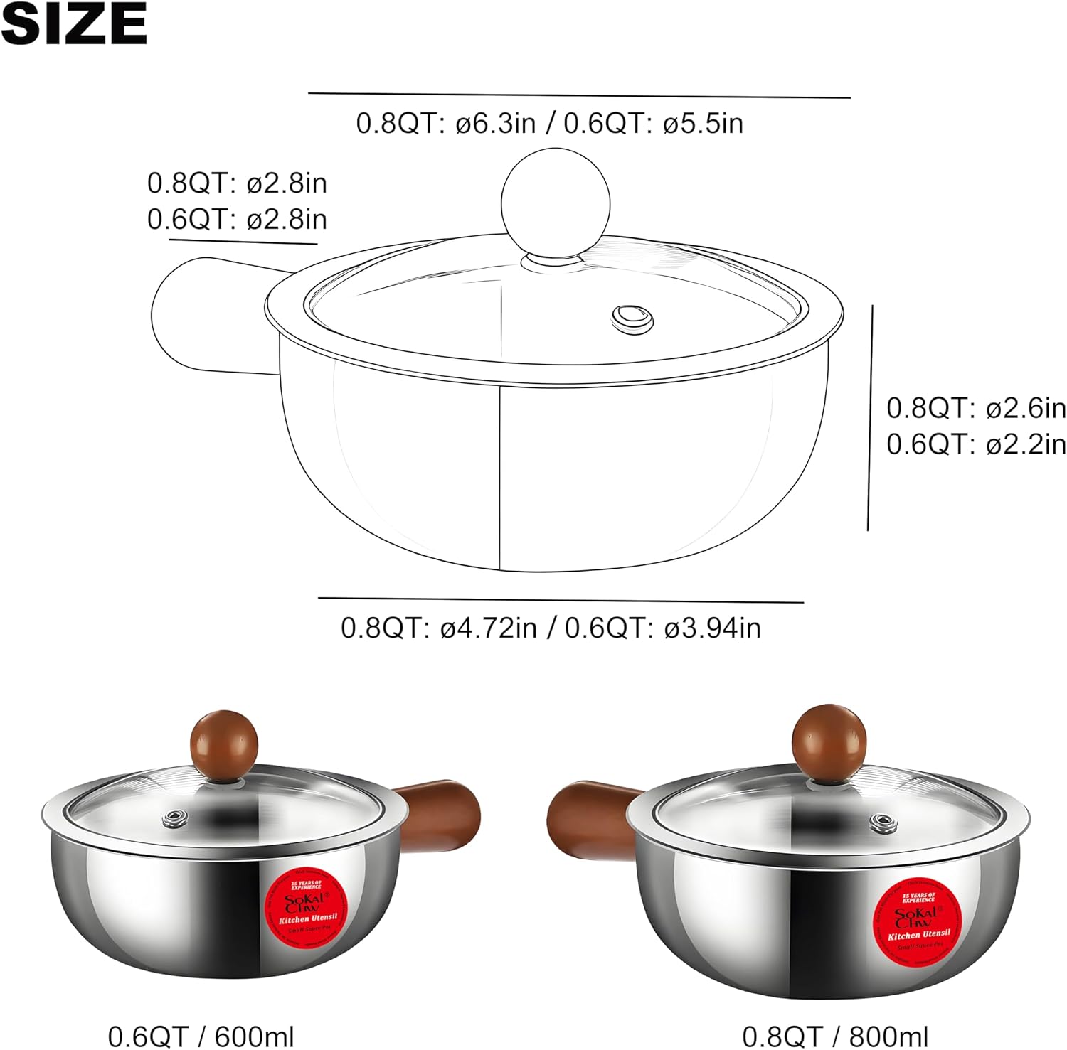Stainless Steel Small Sauce Pan with Glass Lid, 0.7 QT Wooden Handle Cooking Pot, Suitable for Gas|Induction|Electric|Ceramics Cookers Stoves