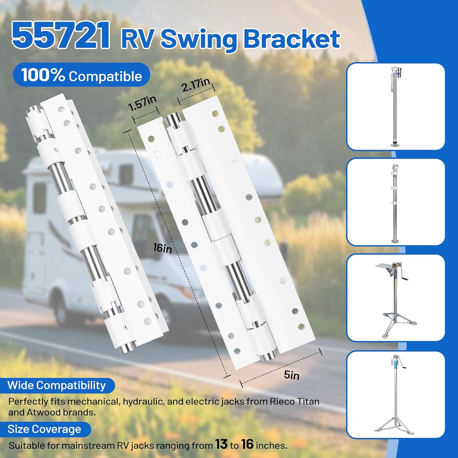 𝐔𝐩𝐠𝐫𝐚𝐝𝐞 55721 Swing Away Bracket, Heavy-Duty Steel RV Extension Bracket(White 2PCS), Replacement for 13" to 16" Camper Jack, Truck Camper Jack, Swing-Out Front Jacks, Easy Access & Space Saving
