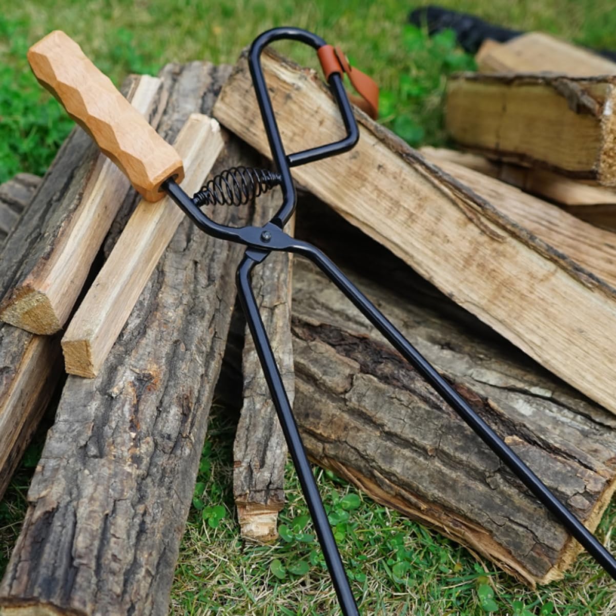 POPETPOP Camping Fire Pit Tool Bbq Fire Tong Outdoor Grill Fireplace Tongs Log Tweezers Iron Wood Material