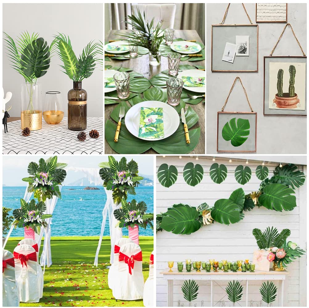 Set di 100 foglie di palma, 8 tipi di foglie di palma artificiali con steli pianta tropicale, foglie di palma e foglie mostri foglie per giungla beach hawaiano matrimonio partito decorazione