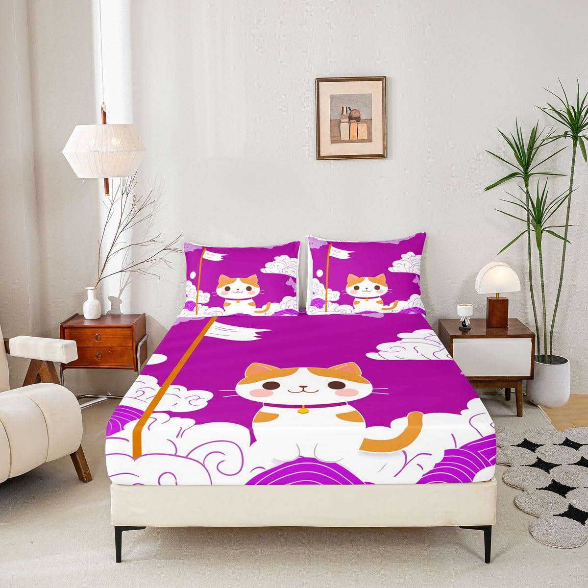 Sábana bajera ajustable de gato Kawaii tamaño King (no plana), juego de ropa de cama de 3 piezas con diseño de bandera de olas japonesas, decoración de habitación de niños y mujeres, sábana de