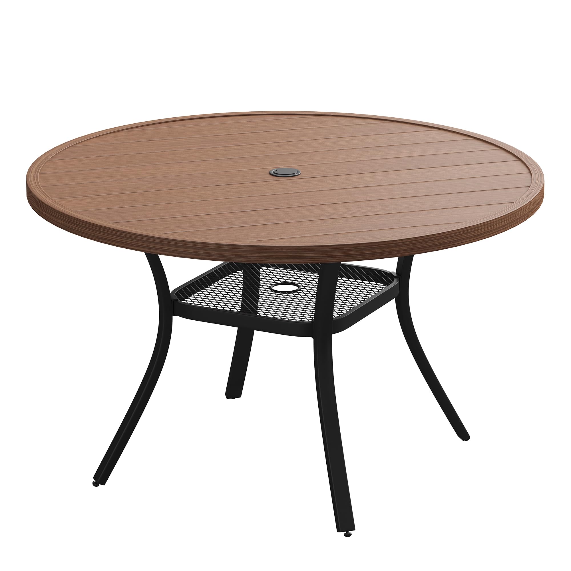 VICLLAX 47.2" Round Patio Table, Outdoor Dining Table for 6 with Umbrella Hole for Garden Lawn Deck Backyard, Walnut