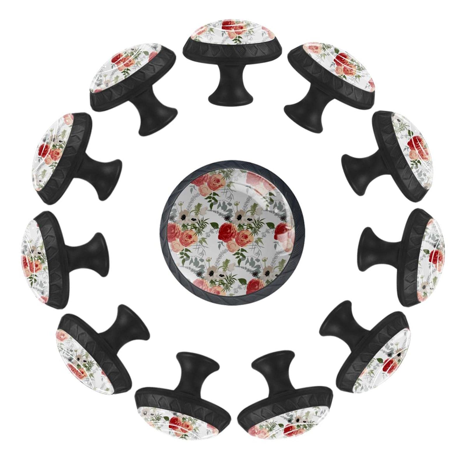 Boutons de tiroir ronds motif floral rouge rose 35 mm lot de 12 pour meuble salle de jeux