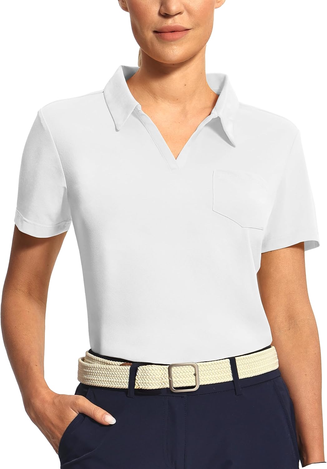 Hiverlay Women's Golf Shirt Short Sleeve V Neck Collar Polo Shirts Athletic Tennis Tops Lightweight Quick Dry UPF 50+
