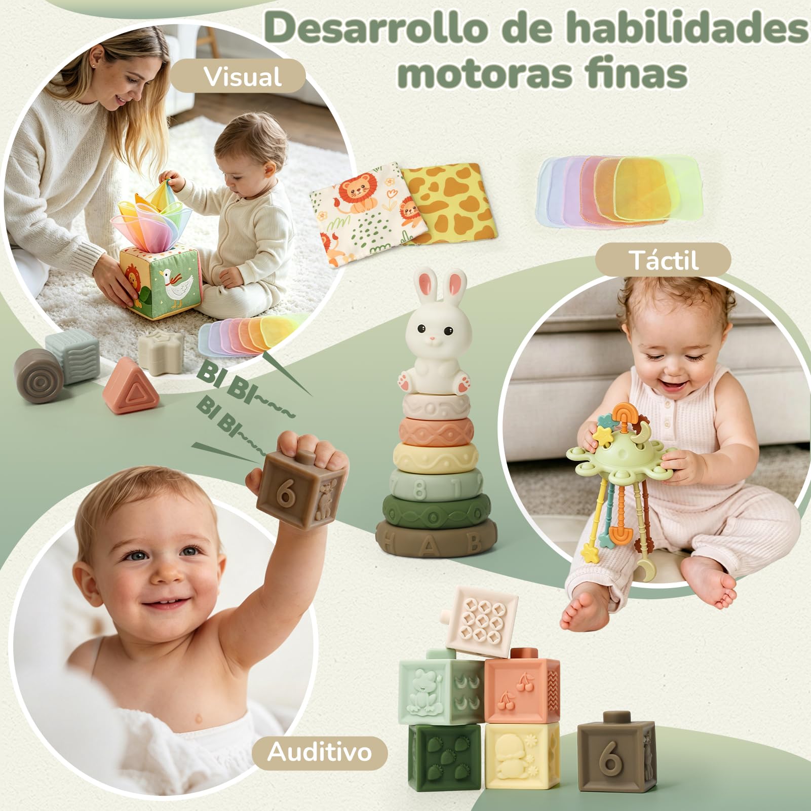 Juguetes Bebes 6 Meses, 5 en 1 Juguetes Montessori Bebes 6-12 Meses con Caja Pañuelos Bebe, Clasificación y Apilamiento de Formas, Bebe Mordedor & Educativos, Regalos Bebés Montessori 7 8 9 Meses