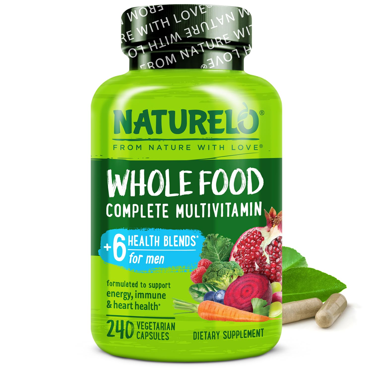 NATURELO Mens Multivitamins - Whole Food Multivitamin for Men with Vitamins, Minerals - 240 Vegetarian Capsules for Energy, Brain, Heart, Eye Health*