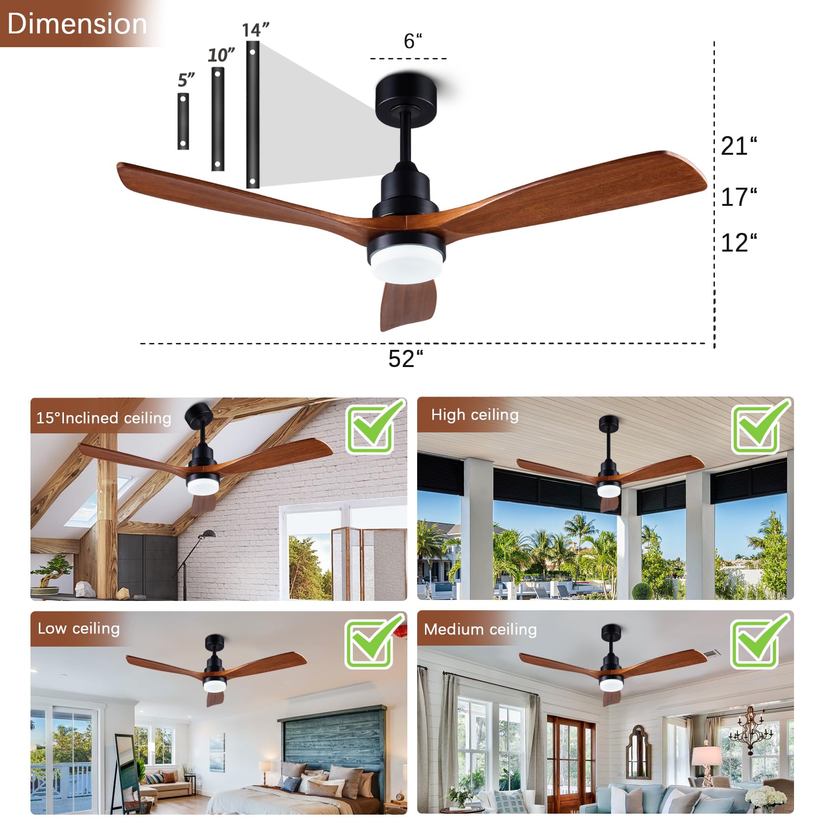 52-inch Ceiling Fan with Remote Control Illuminated 3-Blade Carved Wooden Fan Blades Quiet Reversible All-Copper Motor Ideal for — view 5