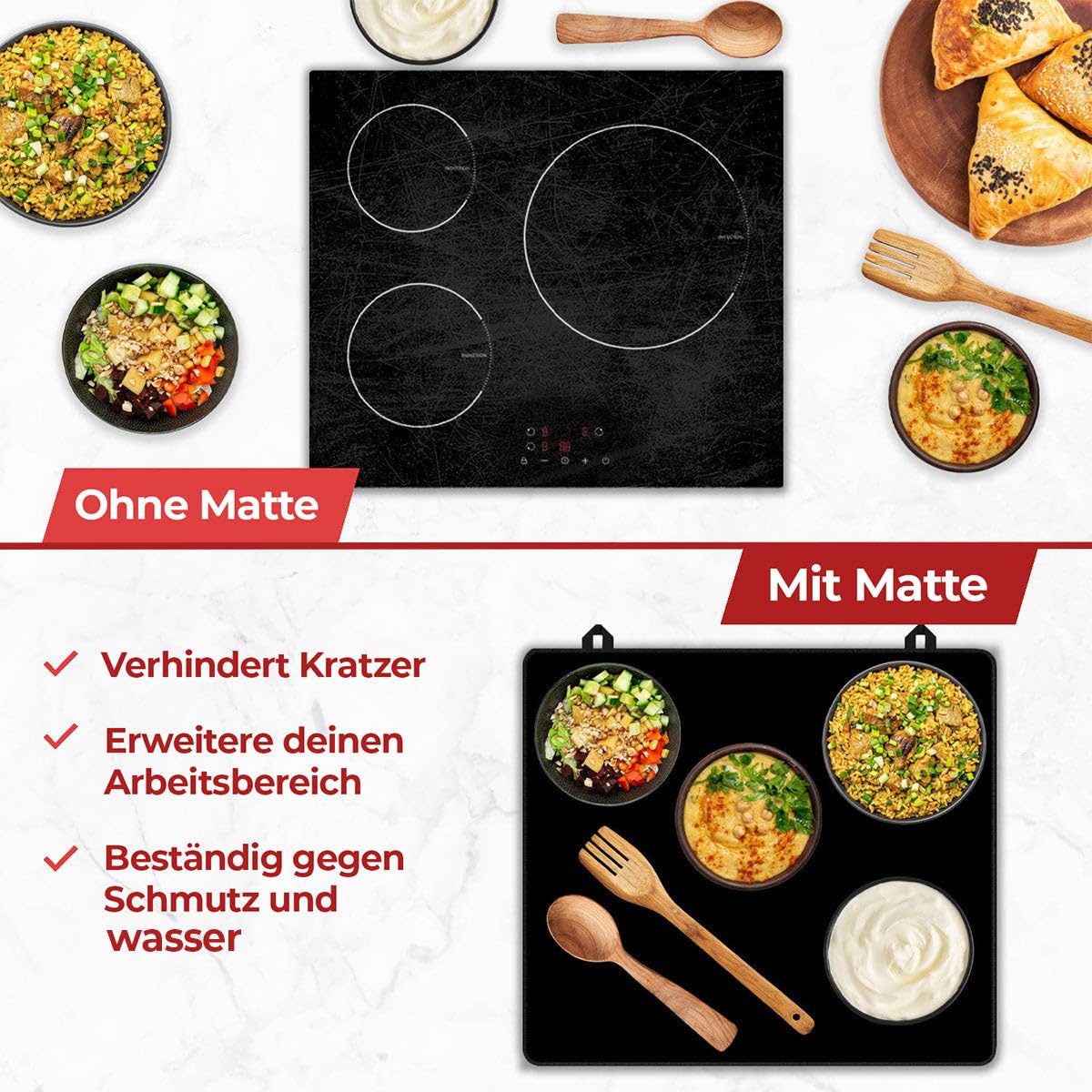 Herdabdeckplatte Schwarz Uni - 60x52 cm - Kochfeld Abdeckung - Induktionsschutz - Küchen-Spritzschutz