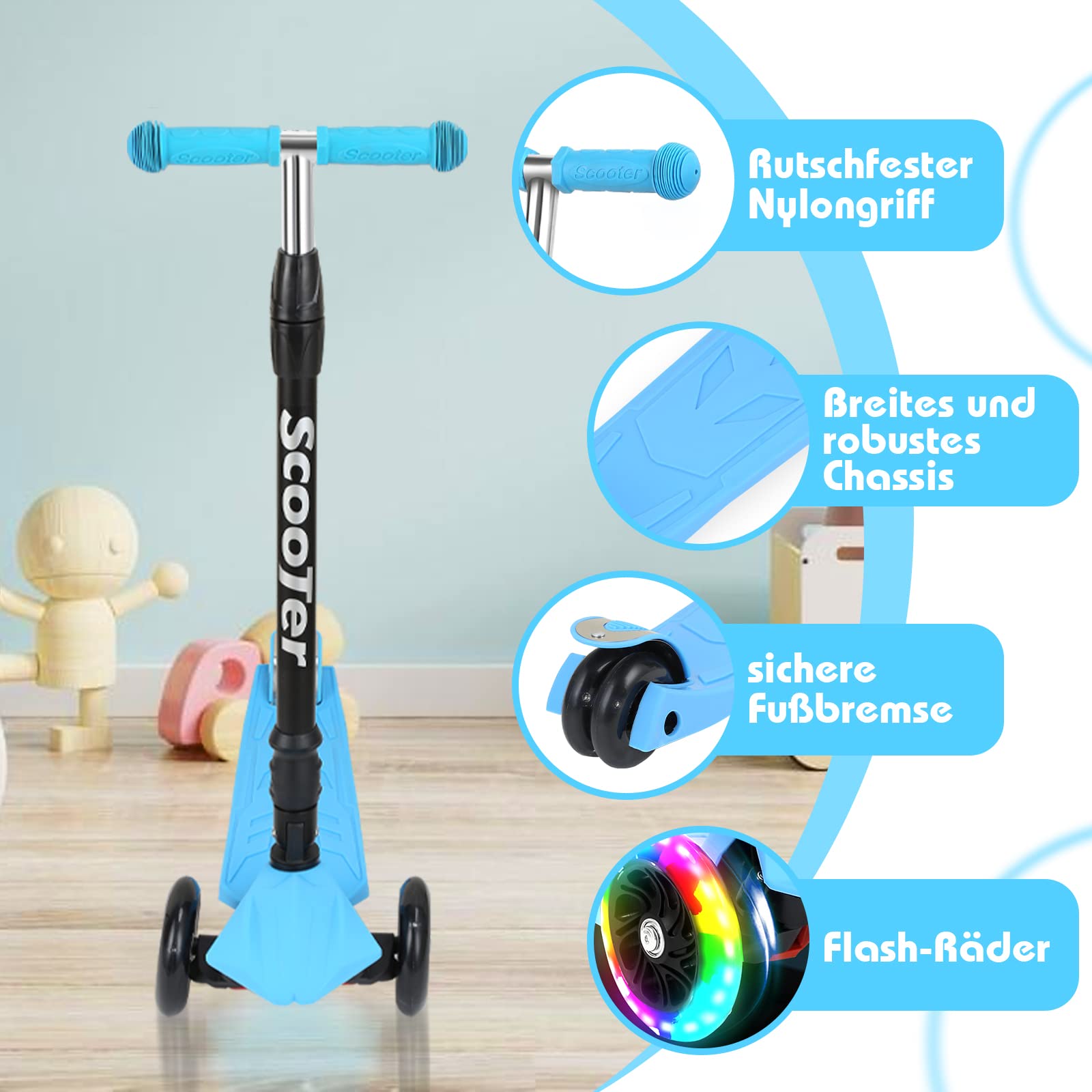 Patinete Plegable 3 Ruedas LED Para Niños – Manillar Regulable 4 Alturas – Hasta 50 Kg – Azul
