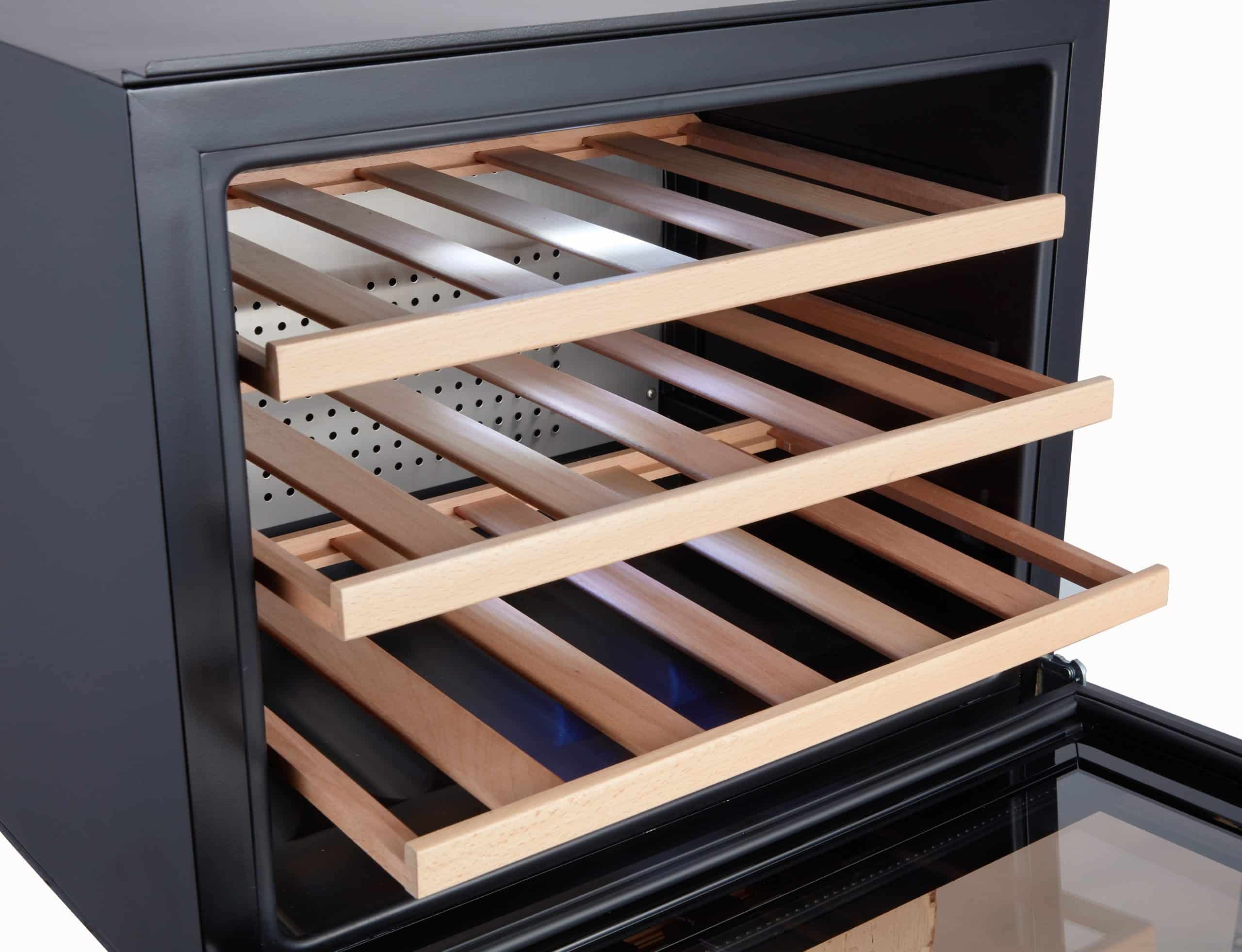 LV22 Einbau-Weinkühlschrank - Einbau-Weinklimaschrank mit 2 Zonen - Vollglas-Designtür, 22 Flaschen, 41 dB, 60 cm breit und 3 ausziehbare Schubladen aus Buchenholz