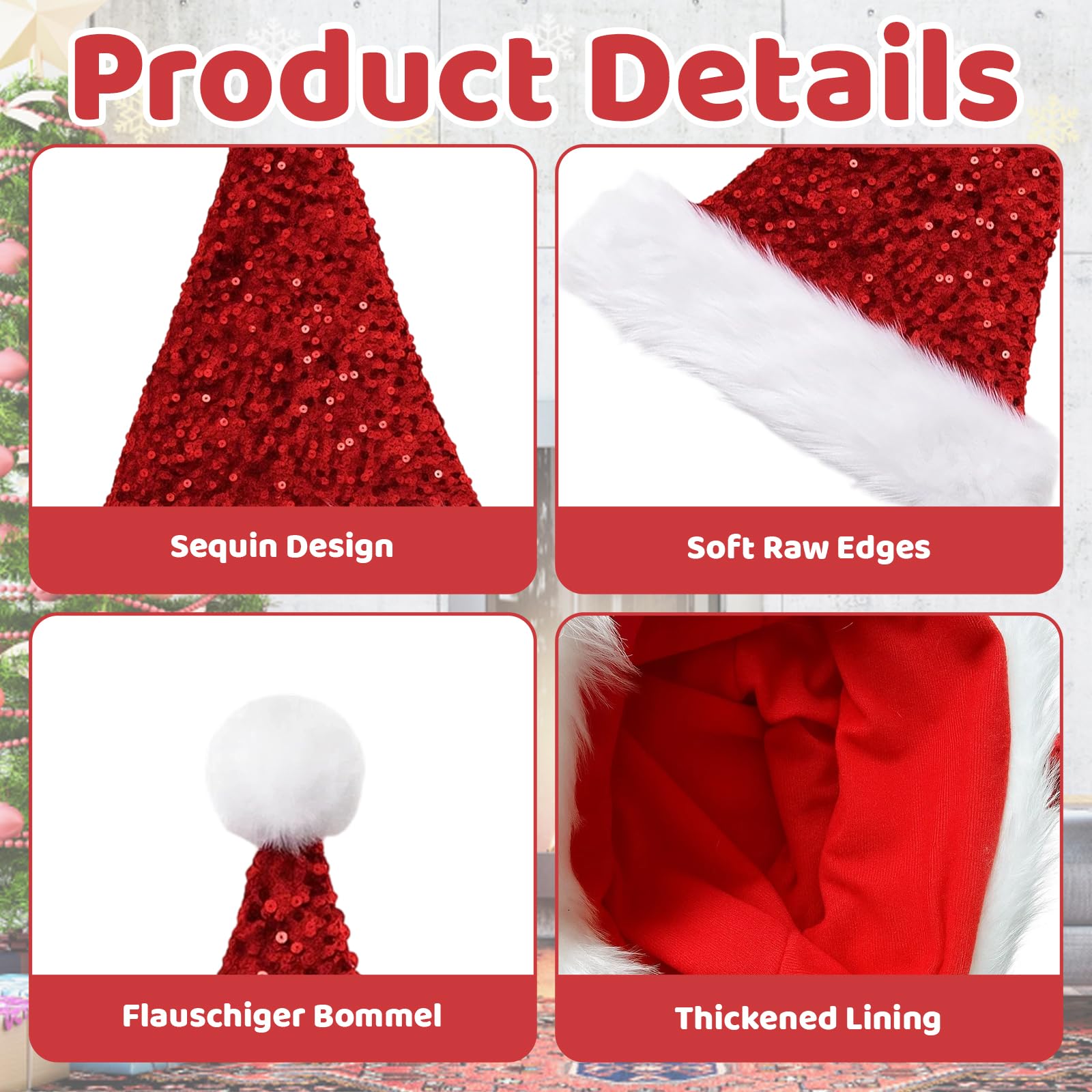 EujRcf 2 Pack Christmas Hats, Santa Hat With Glitter, Christmas Party Hats for Adults Fun Santa Hats - Image 3