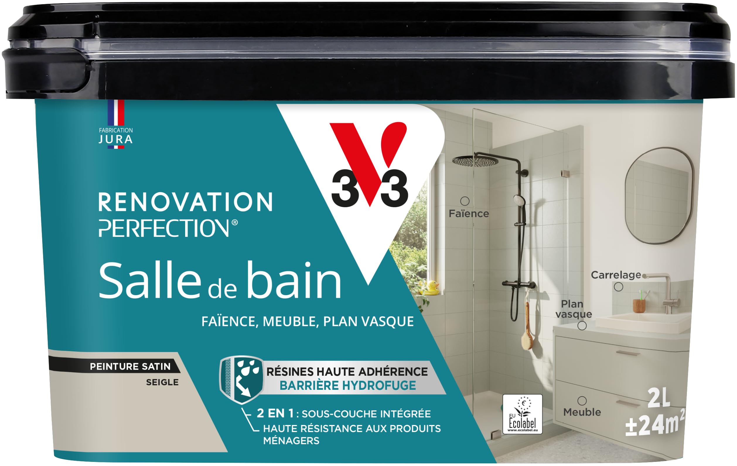 V33 Peinture de rénovation salle de bain, Rénovation perfection Seigle satin 2L