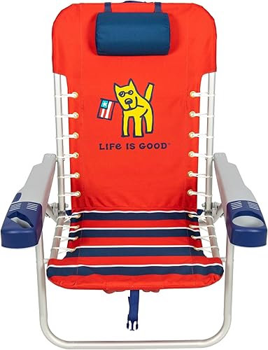 Miniatura 4 de Life is Good Silla de playa con mochila con cordones de 4 posiciones con almohada, taza y soporte para teléfono, rojo desteñido