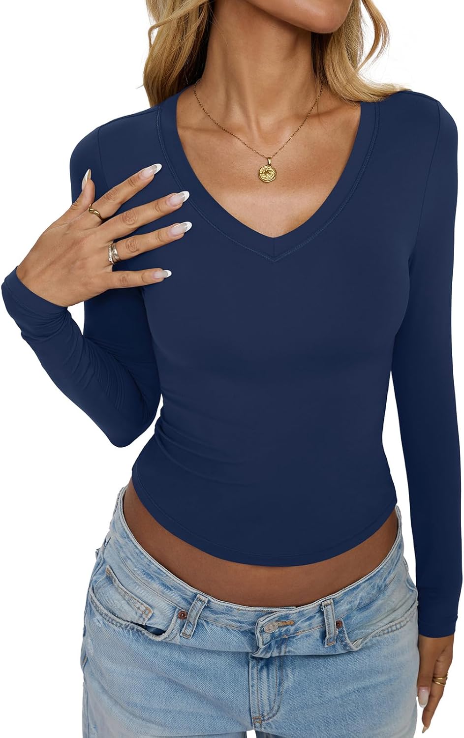 Womens Double Lined V Neck Long Sleeve Shirts Slim Fit Layering Tee Going Out Tops Trendy Fall Clothes 2025 - Image 4