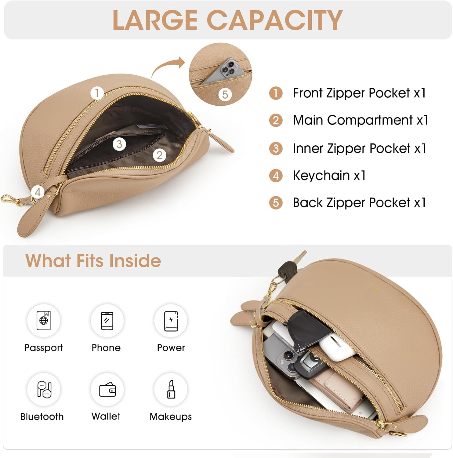 Kattee Crossbody Bag Bum Bags for Women, Leather Fanny Packs Belt Bag, Spacious Sling Purses for Women with RFID Blocking, Tan - Image 6