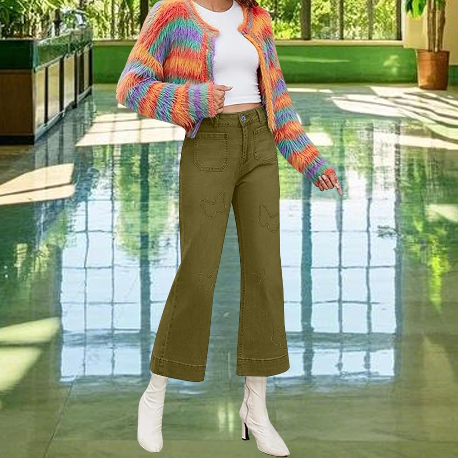 Women's Cropped Wide Leg Jeans Butterfly Elastic High Waisted Baggy Flared Jeans Trendy Stretchy Denim Pants - Image 6