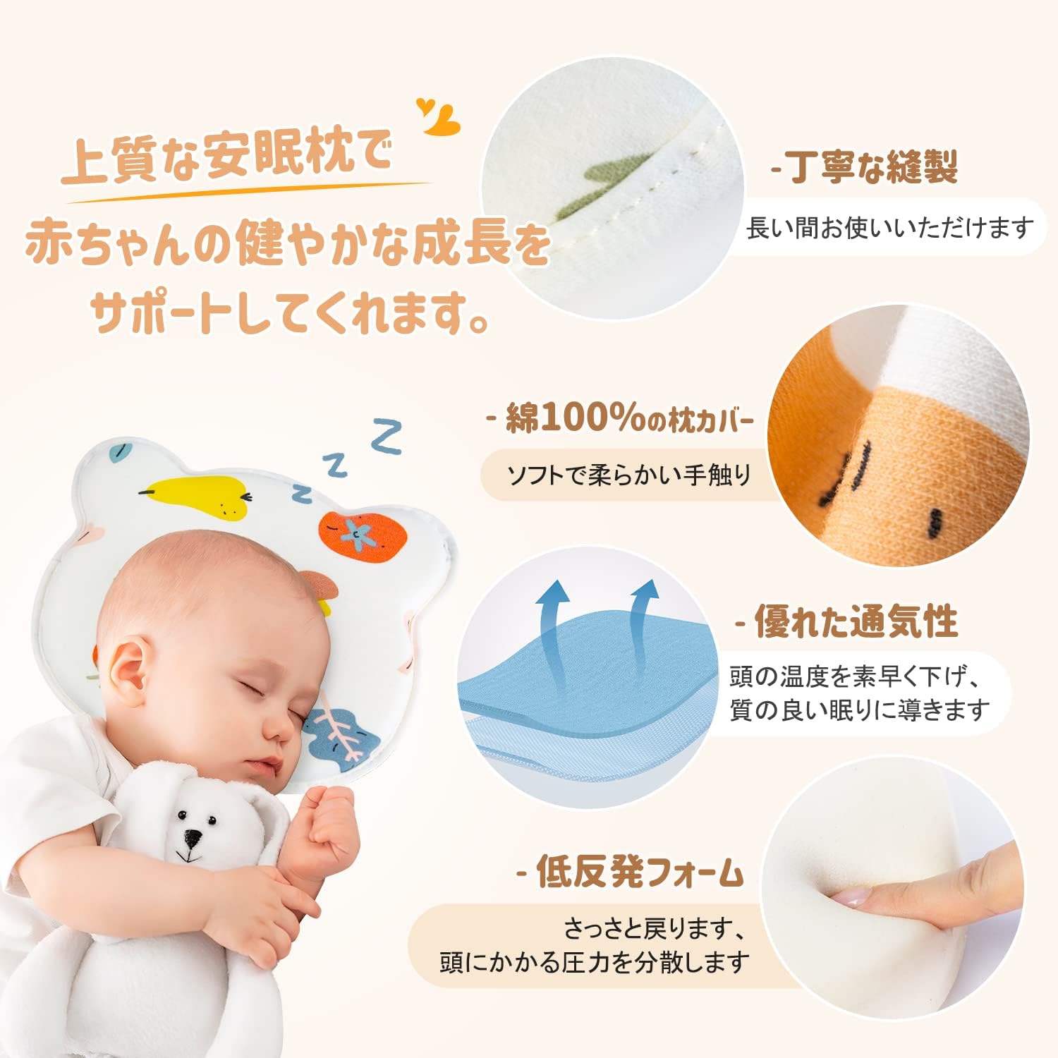 工場直送 aoo ベビー枕 ドーナツ枕 頭の形 矯正 ベビーまくら 頭の形をよくする枕 斜頭 絶壁 治す 枕 新生児まくら 汗とり 快眠 メモリフォーム 低反発枕 綿100 カバー付き Glm Co Il