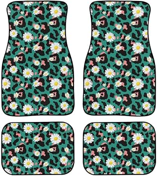 Heavy Duty Rubber Floor Mats Daisy Green Leopard Print Durable All Weather Protection 19 Pieces Car Floor Mats Fit Most Automotive,SUVS,Sedan,Vans