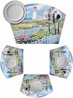 Round Table Placemats Set of 6 Spring Colorful Flowers Beacon Ocean House Country Scenery Wedge Shaped Placemats Non-Slip Heat Insulation Table Mats Wipeable Placemats for Round Tables Party Decor