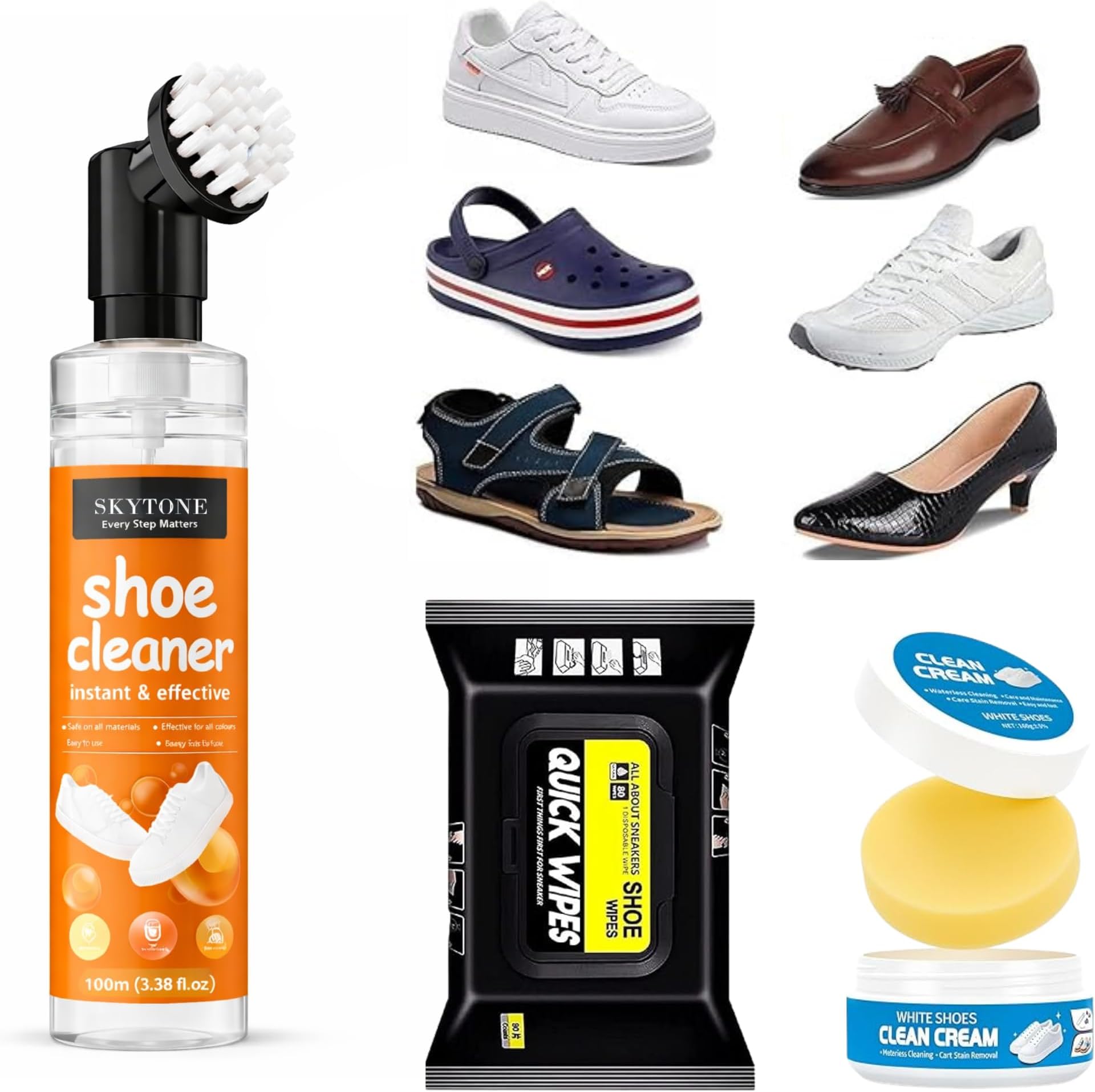 SKYTONE Shoe Cleaning Kit | Foam Spray x 1, Wipe x 1, Cleanser x 1 | Portable Sneakers Cleaner Kit | Suitable for Sneakers, Sandals, Boots, Heels,Flats & Sport Shoes