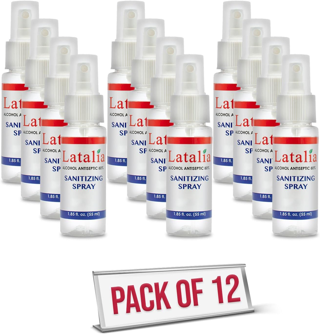 Latalia Hand Sanitizer Spray - Pack of 12 Unscented Spray Hand Sanitizer for Hands (1.85 fl. oz & 55ml)