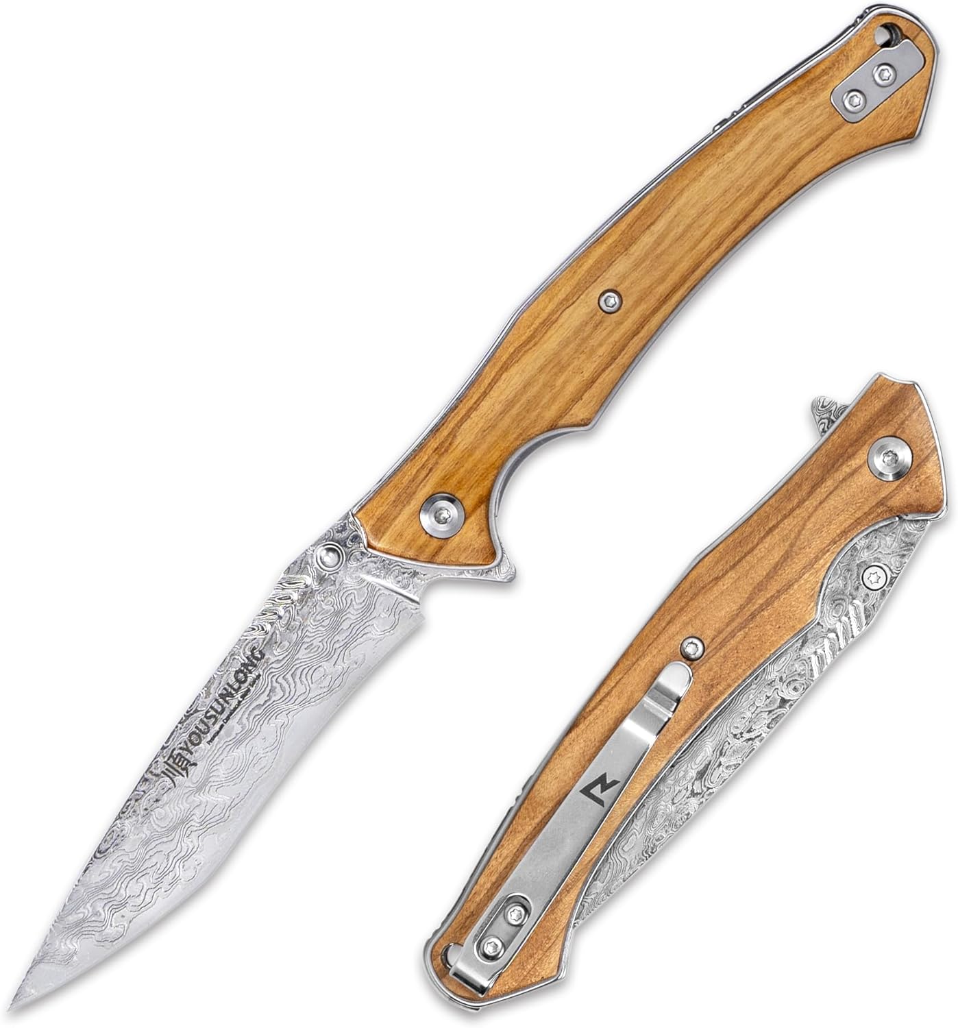 YOUSUNLONG Camping Folding Knife - Hammered Damascus Steel Blade - Pocket Knife - Italian Olive Wood Cover