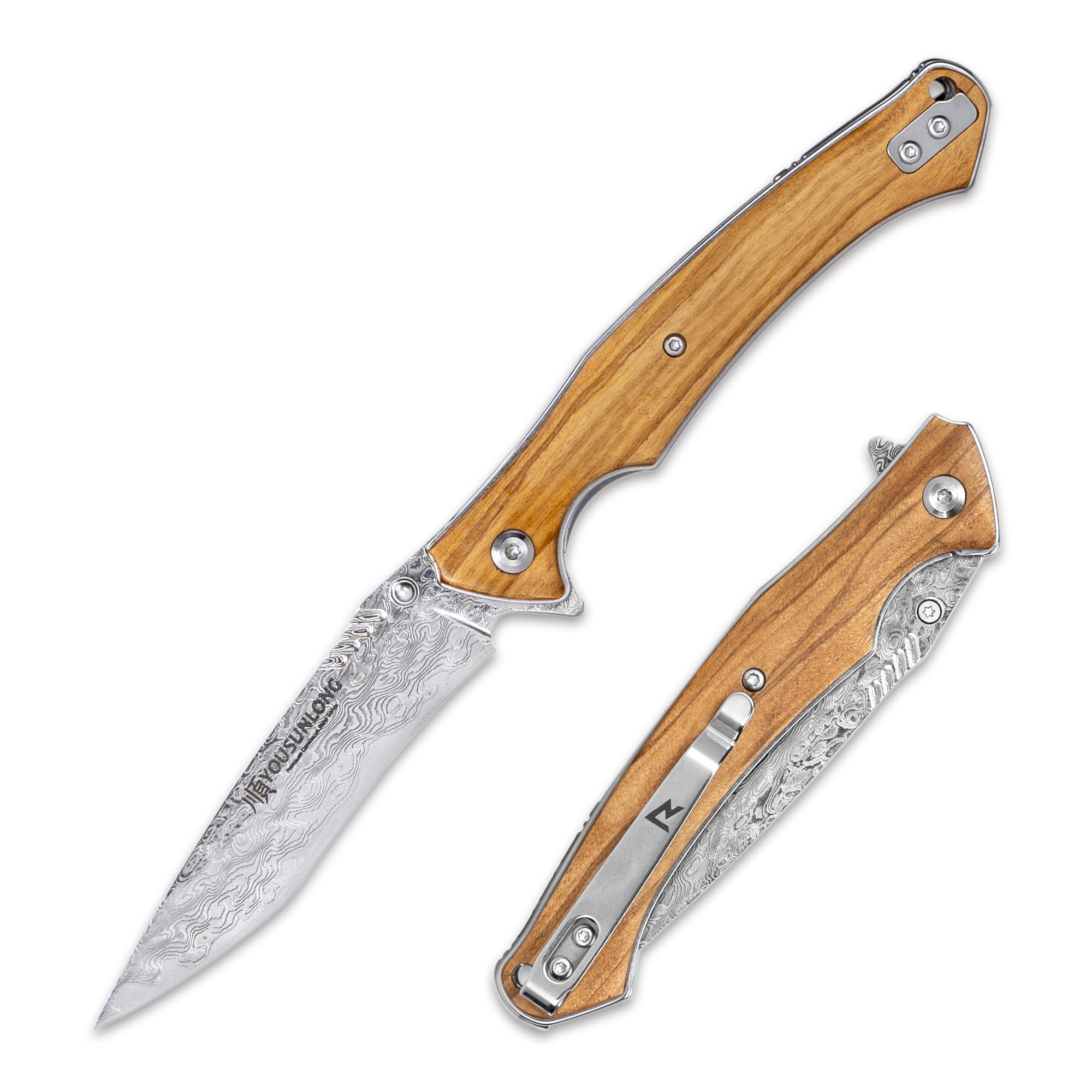 YOUSUNLONG Coltello pieghevole da campeggio - Lama in acciaio Damasco martellato - Rivestimento in legno d'ulivo italiano