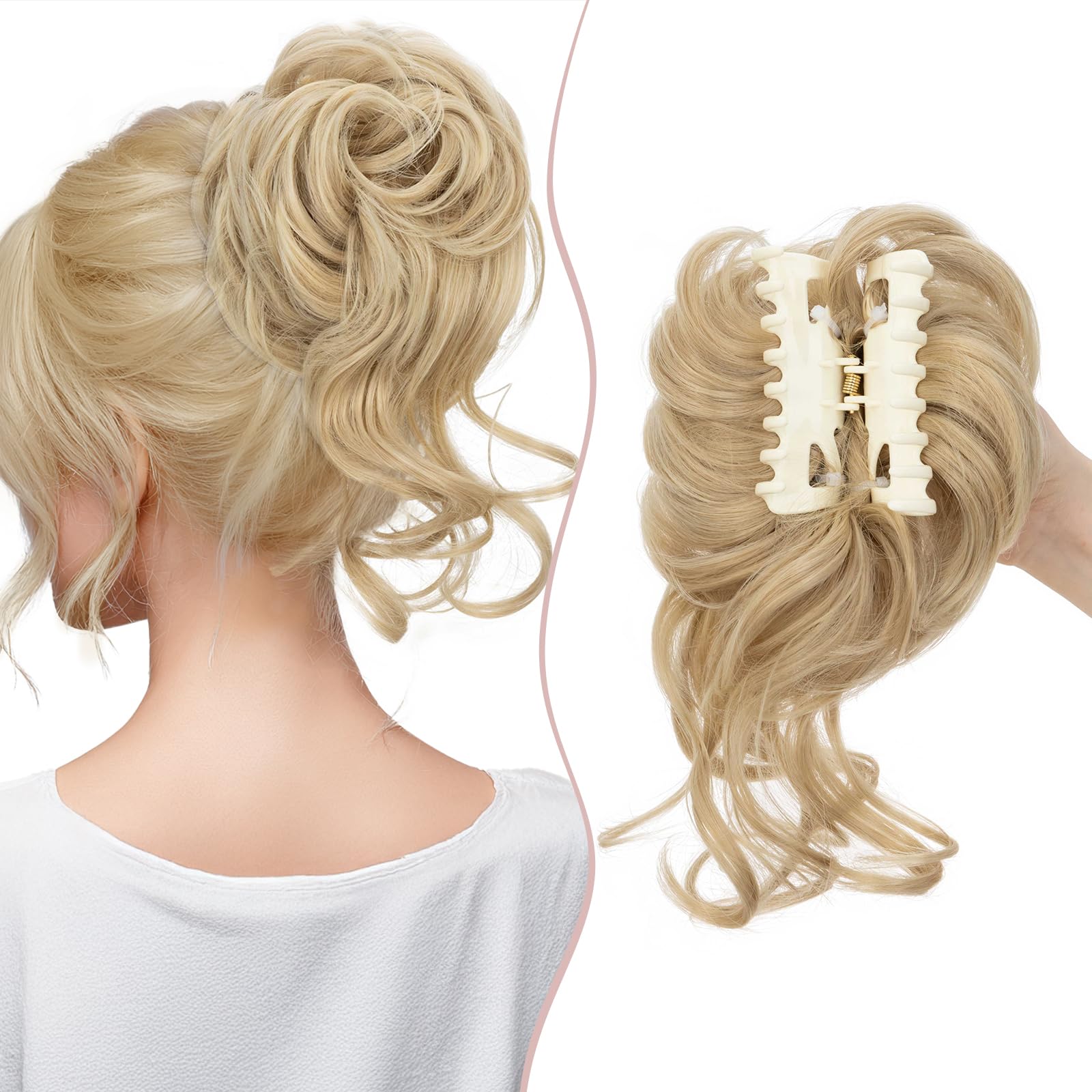 SEGO Tousled Updo Hair Bun Donut Synthetic Thick Hair Chignon 86G Claw Messy Bun Hairpieces Wavy Curly, Ash Blonde & Bleach Blonde
