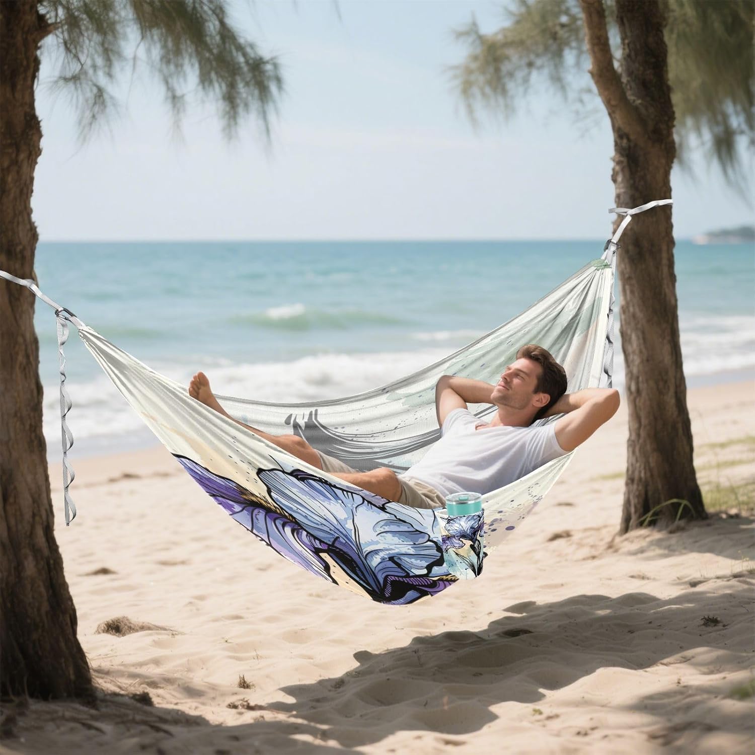 ALAZA Iris Flower Ink Camping Hammocks Single or 2 Person 500 lbs Portable Parachute Travel Hammock w/Tree Straps for Hiking Backpacking Indoor Outdoor