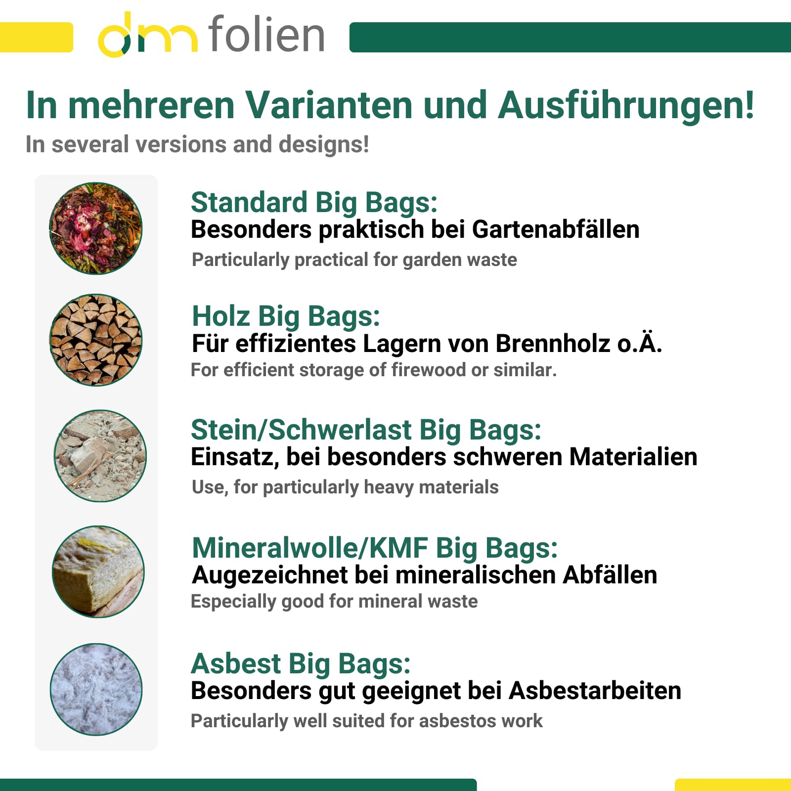 dm-folien Plattensack Asbest 320x125x30cm I 5 Stück I SWL 1.500 kg I Asbest Sack mit 4 Hebenschlaufen I Big Bags für Asbest I Big Bags Säcke mit Schürze I stabil & beschichtet