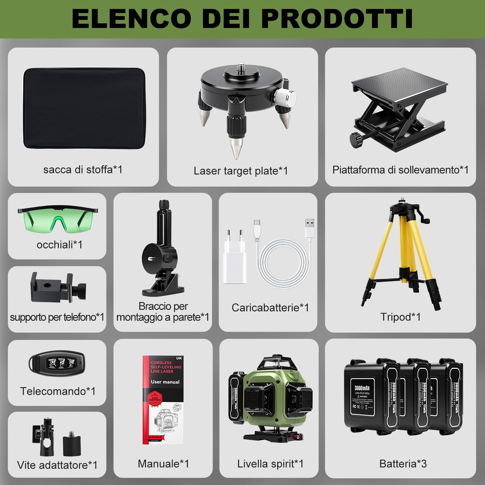 Livella laser a croce con 16 linee,portata di 30 m, autolivellante 4 x 360° con treppiede, ideale per cantieri edili interni, con batterie da 3x3600 mAh.