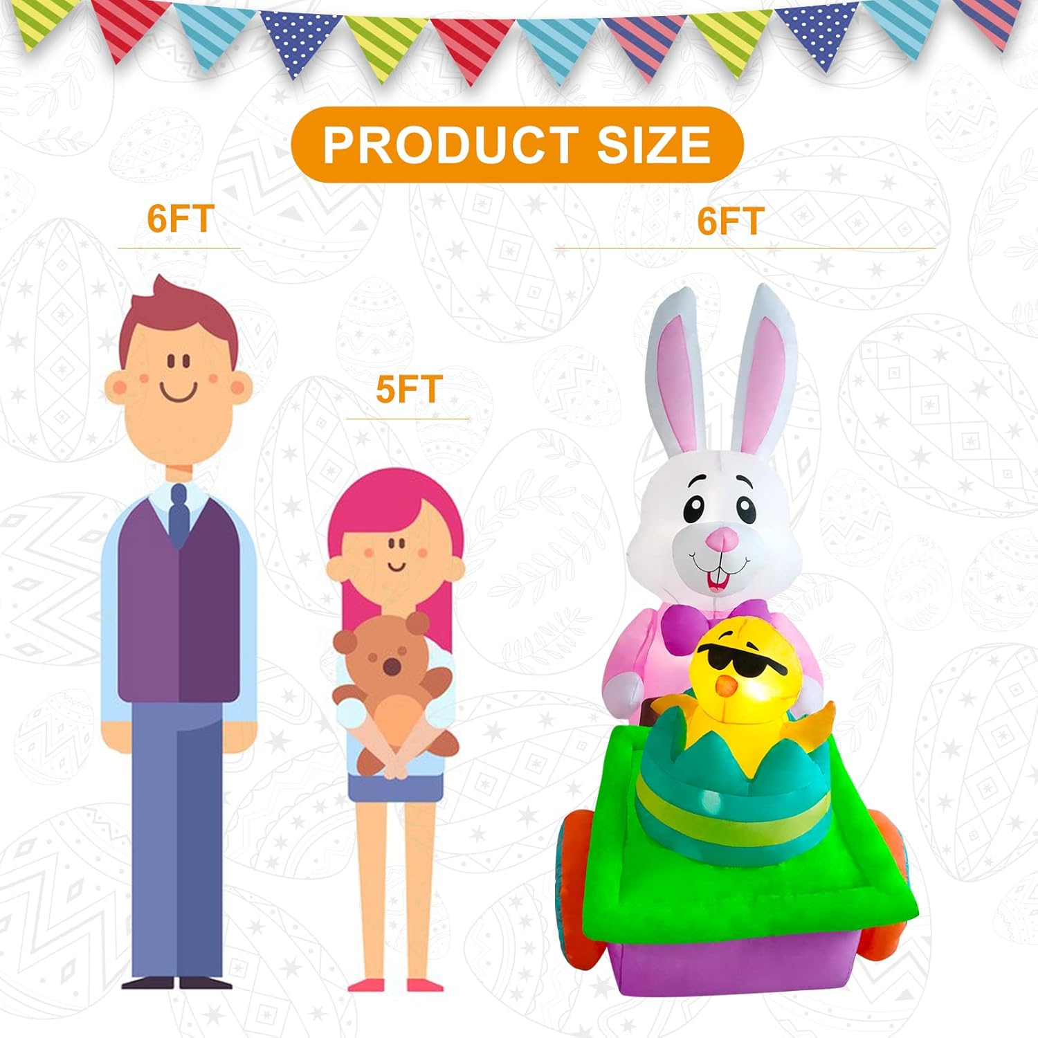 6 Ft Inflatable Yard Decoration for Easter, SHDEJTG Easter Bunny Push Trolley Blow Up Easter Outdoor Decoration for Party Yard Garden Lawn