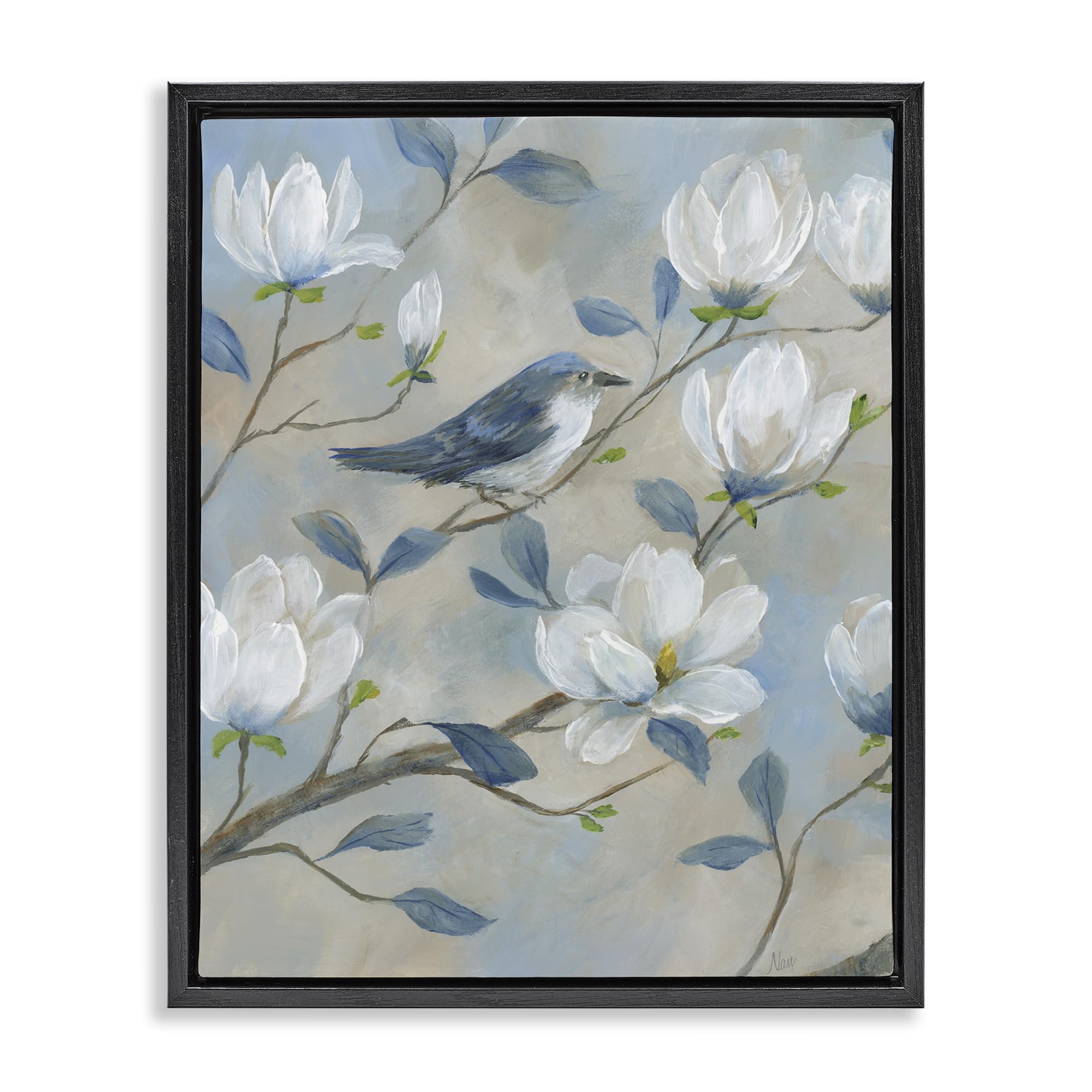 Stupell Industries Jet Black (Matte) 'Blue Bird & Magnolia'| Floating Frame Canvas Art