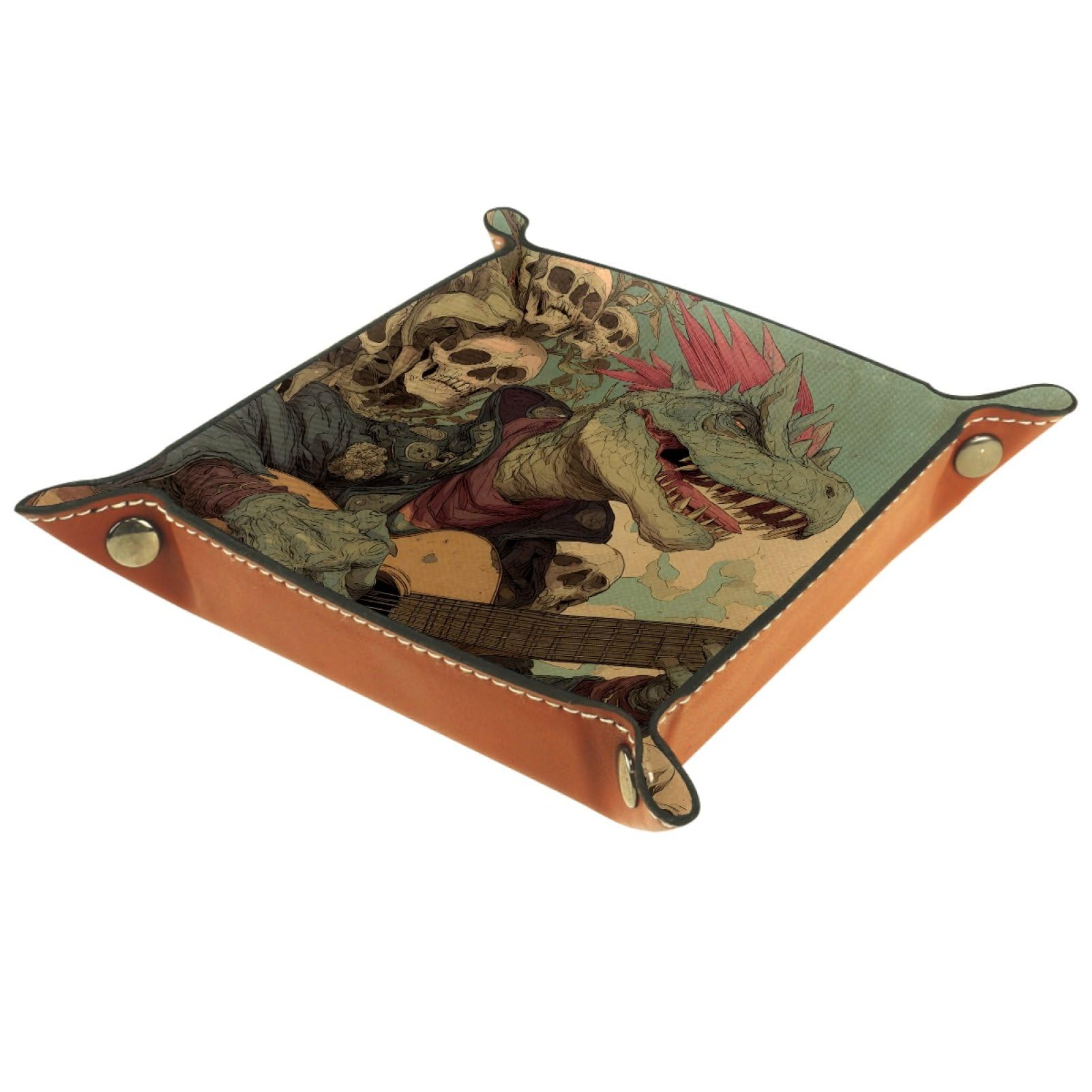 VAPOKF Dinosaur Portable Dice Rolling Tray, Microfiber Leather Dice Holder Game Box for D&D, RPG, Table Games or Desktop Phone Key Storage, 20.5 × 20.5 cm