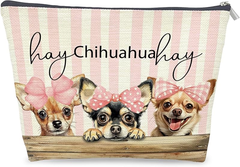 Necessaire de maquiagem LRWHDFW com estampa de Chihuahua e laço rosa