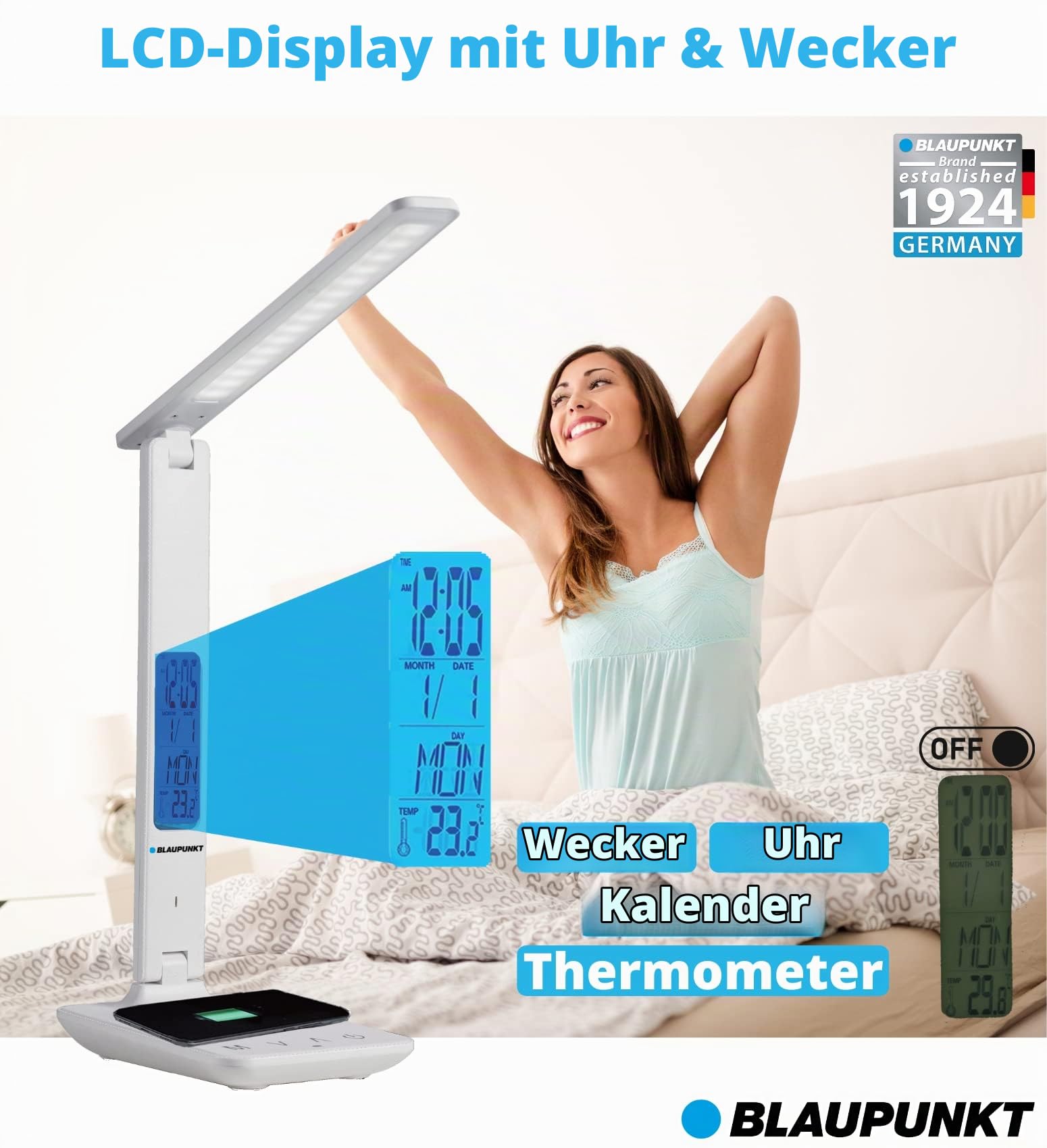 Blaupunkt LED-Schreibtischlampe mit kabellosem Ladegerät - USB-Ladeanschluss - Dimmbare Tischlampe 5 Farbmodi - Verstellbarer Arm - Büro - Leselicht - LCD-Anzeige Uhr Kalender Thermometer - Schwarz