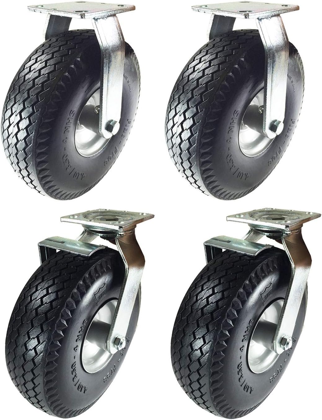 8 x 2-1/2 Pneumatic Wheel Caster Set (Foam-Flat Free) Rigid Swivel and Brake (8 : 2R + 2SB)