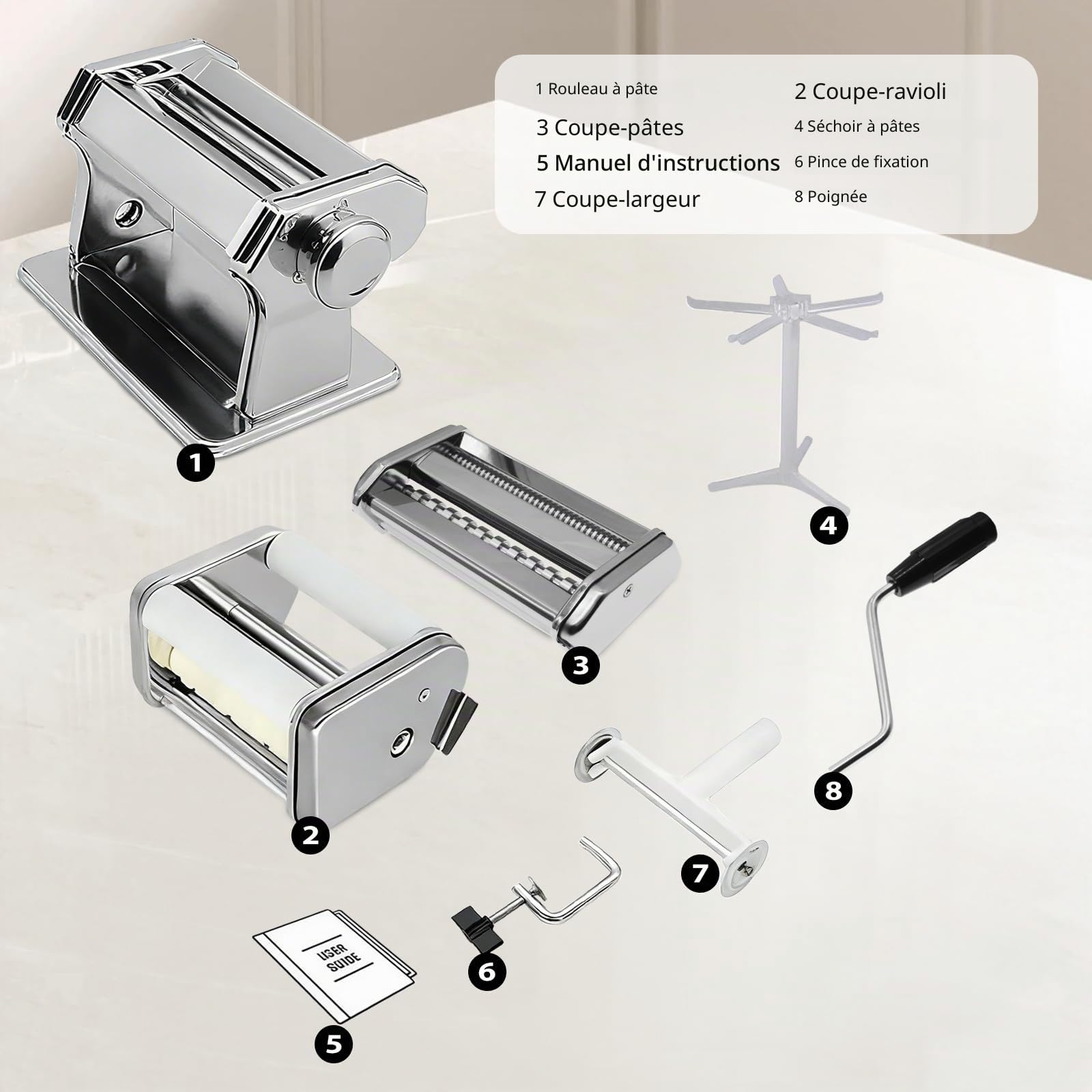 MZTOGR Machine à pâtes et raviolis, lot de 6 pièces en acier de 150 mm avec 9 réglages d'épaisseur réglables, avec accessoire pour raviolis, égouttoir à pâtes