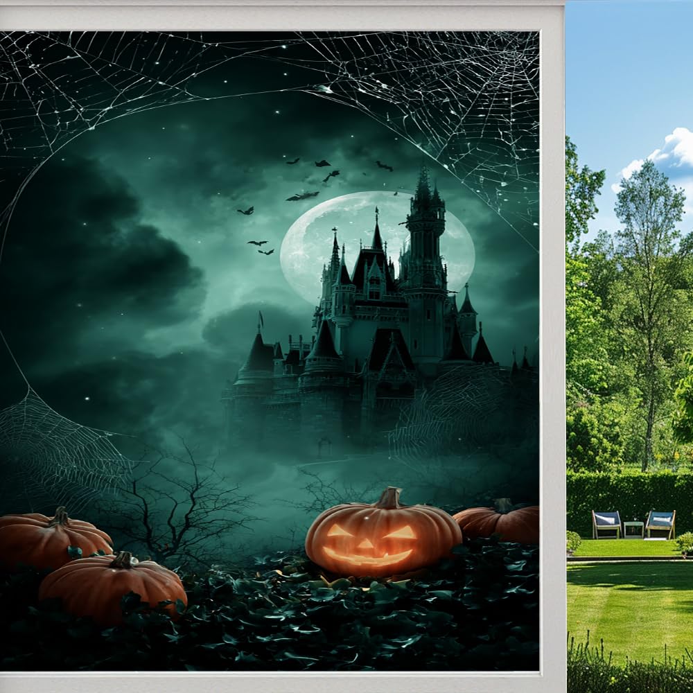 Dark Fantasy Castle Frosted Window Film, Retro Halloween Pumpkin Lantern Stained Glass Privacy Film, Heat Insulation Self-Adhesive Vinyl for Bathroom Office, （55x90cm）