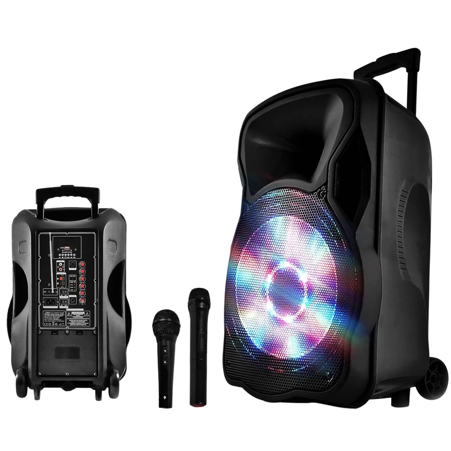 Enceinte Sono Mobile amplifiée 800W 15" LED/USB/BT/SD/FM + Micros sans-Fil/Filaire PARTY15