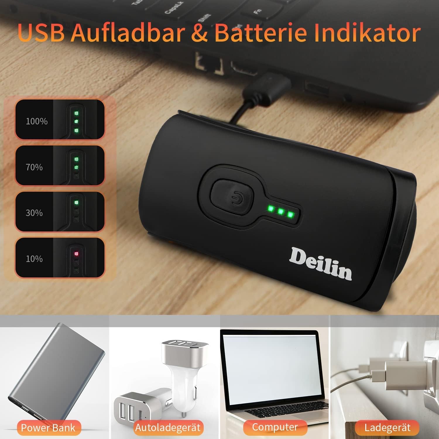 Deilin Fahrradlicht Set, bis zu 70 Lux LED Fahrradbeleuchtung USB Aufladbar Fahrradlampe, IPX5 Wasserdicht Fahrradlichter Vorne Rücklicht Fahrrad Licht Fahrradleuchtenset Fahrradlampe