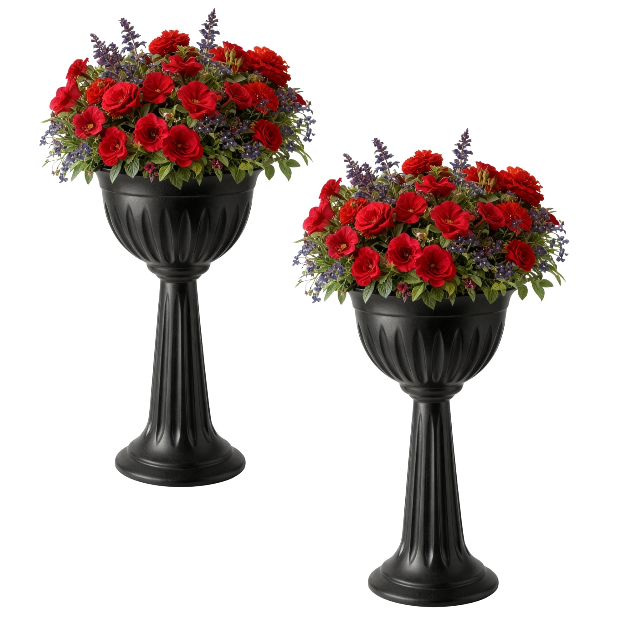 ALEEZ 2x 75cm Black Tall Urn Planter Pot Stand - Large Lightweight Plastic Flower Pot for Indoor & Outdoor Use - Classic Decorative Garden No Drainage Holes - Weather Resistant Urn Planter