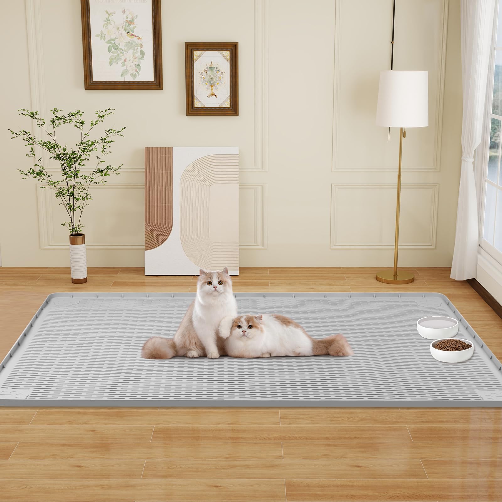 Tappetino per cibo per gatti, 127 x 89 cm, extra large, in silicone, con bordo rialzato, per cibo e acqua, antiscivolo, facile da pulire, protezione per il pavimento (grigio)