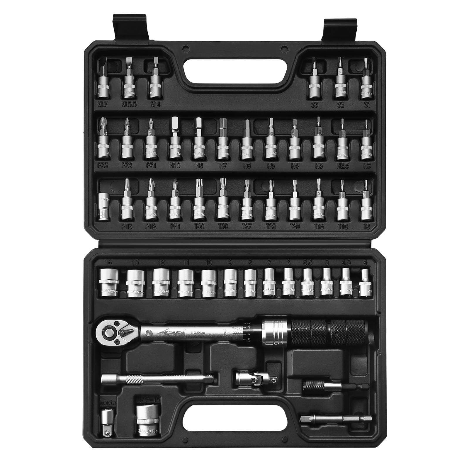 AEROFORCE 50pcs clés dynamométriques pour vélo (5-25 Nm), entraînement 1/4", clé dynamométrique à clic pouce/livre avec inserts d'embout, adaptateur 3/8", kit d'outils pour vélo VTT