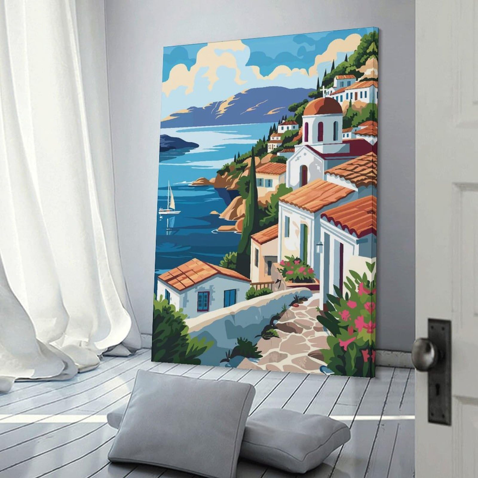 Junmoney Greek Island Landscape Wall Picture Print, 12x18inch(30x45cm), for Flats, Guest Rooms Or Compact Rooms, Decorative Canvas Decor for Home Updates