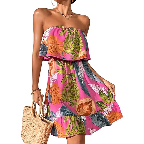 SOLY HUX Women's Floral Summer Beach Casual Sun Dresses Tropical Leaf Print Sleeveless Ruffle Hem Tube Mini Dress