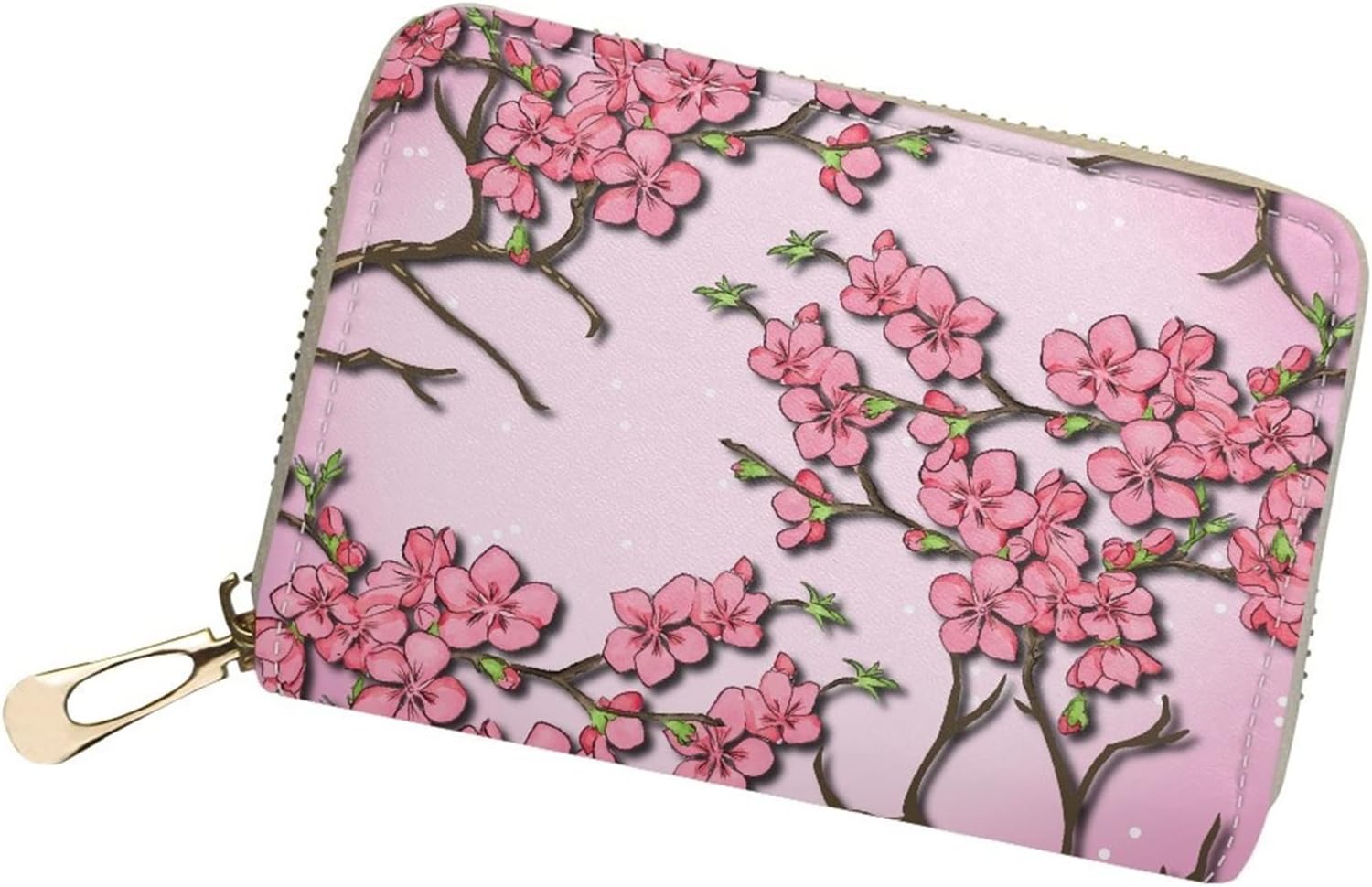 Poceacles Plum Bossom Print Small Leather Wallet Credit Cards Holder for Women Zip Around Purse Cards Case ID Card for Travel Work Shopping